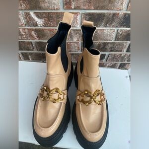 Beige/Black Platform Ankle Boots